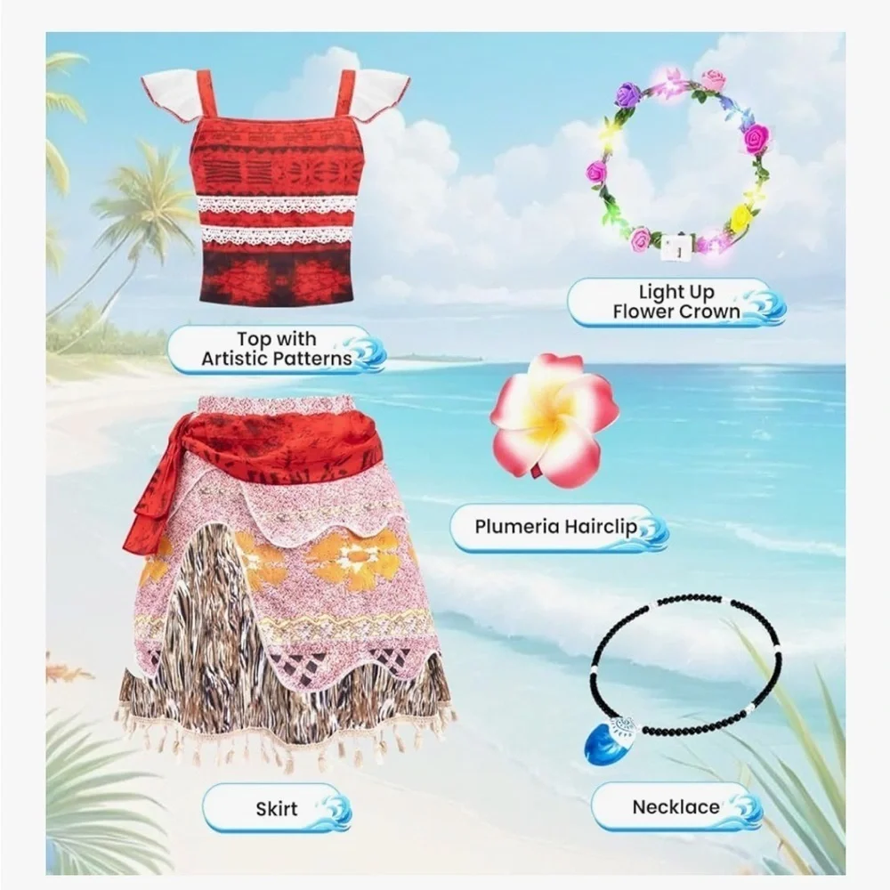 NWT 3-4 YRS Polynesian Princess Costume - Red and Brown Moana Inspired
